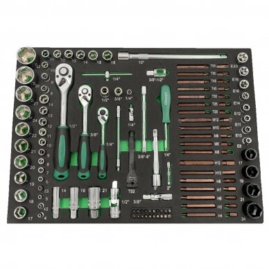 1/4" + 3/8" + 1/2" Dr. Uzgriežņu atslēgu komplekts 122 gab. Paplātē 1/4" + 3/8" + 1/2" Dr. Uzgriežņu atslēgu komplekts 122 gab. Paplātē