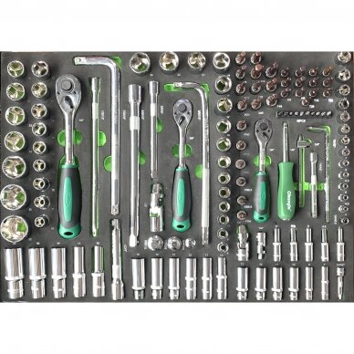 1/4" + 3/8" + 1/2" Dr. Uzgriežņu atslēgu komplekts, 127 gab. Paplāte 1/4" + 3/8" + 1/2" Dr. Uzgriežņu atslēgu komplekts, 127 gab. Paplāte