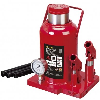 Hydraulic welded bottle jack with gauge and double pump, 50t