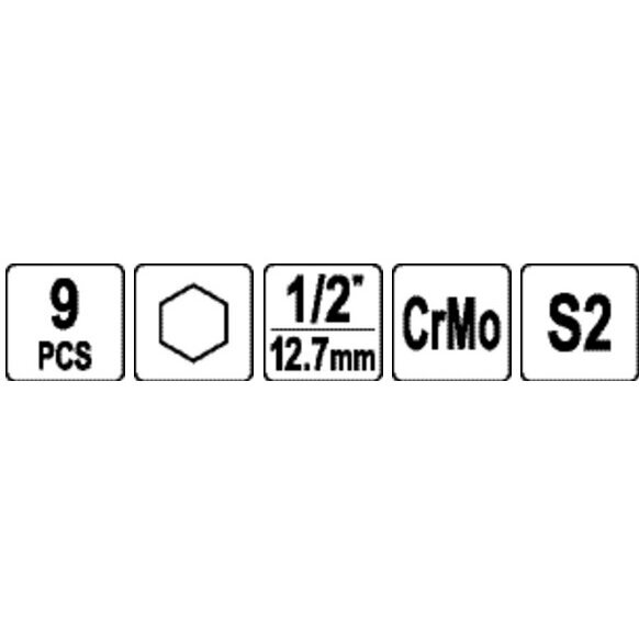 1/2" Dr. trieciena ligzdu uzgaļu komplekts (HEX) 9 gab. 2 1/2" Dr. trieciena ligzdu uzgaļu komplekts (HEX) 9 gab. 2