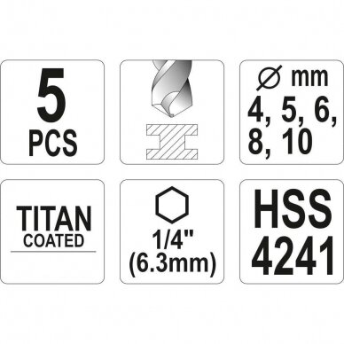 Grąžtų rinkinys HSS 1/4" (5vnt)(titano) 4.0-10.0mm 2