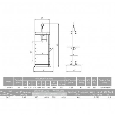 Pneumatic / hydraulic shop press with gauge 30t 1