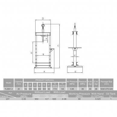 Pneumatic / hydraulic shop press with gauge 20t 1