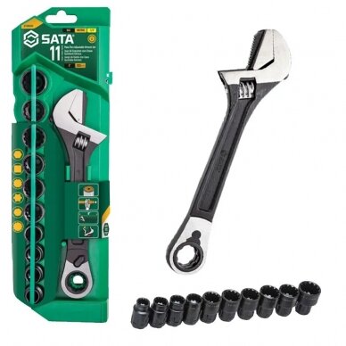 Adjustable wrench pass-thru socket set 11pcs (10-19mm) black 3