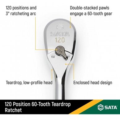 3/8" Dr. Quick-release ratchet (oval head, metal handle), 60 teeth 120P 3