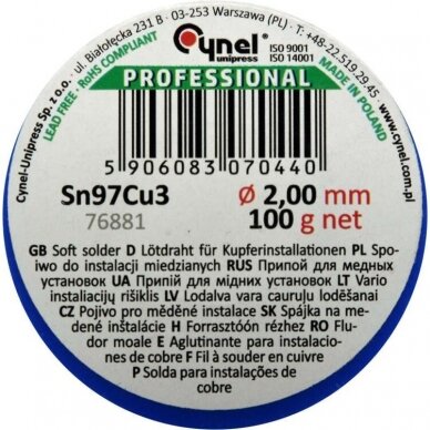 Soft solder wire for copper 2.0mm (Sn97Cu3) 1