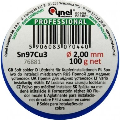 Lut cynowy miękki do miedzi 2.0mm (Sn97Cu3) 1 Lut cynowy miękki do miedzi 2.0mm (Sn97Cu3) 1
