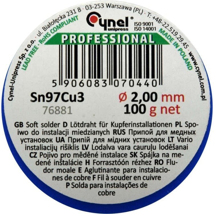 Lut cynowy miękki do miedzi 2.0mm (Sn97Cu3) 1